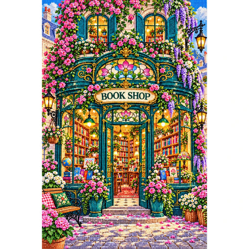 Art Nouveau Flower Bookshop finished diamond painting on white background