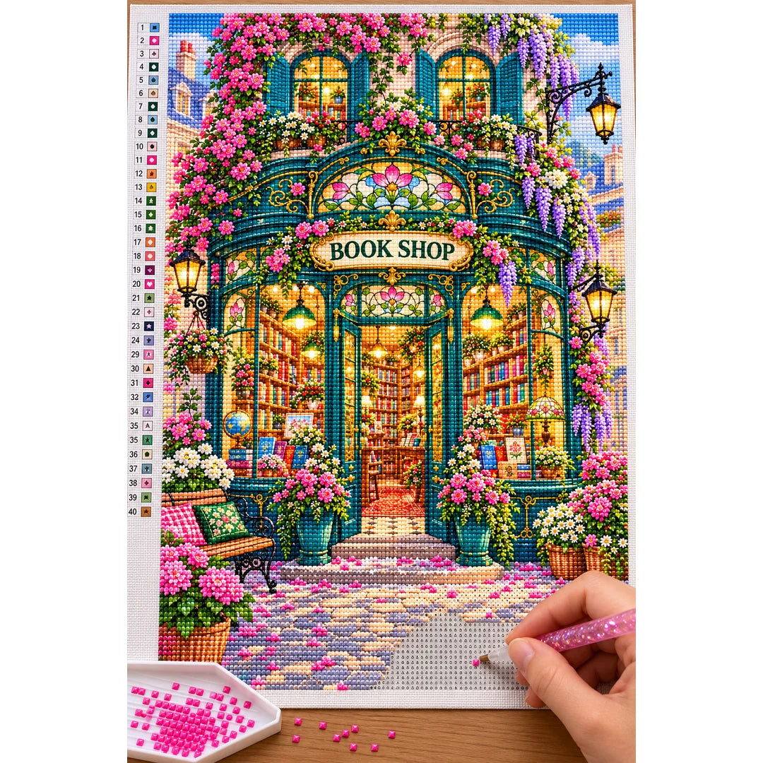Placing resin drills on the Art Nouveau Flower Bookshop diamond painting