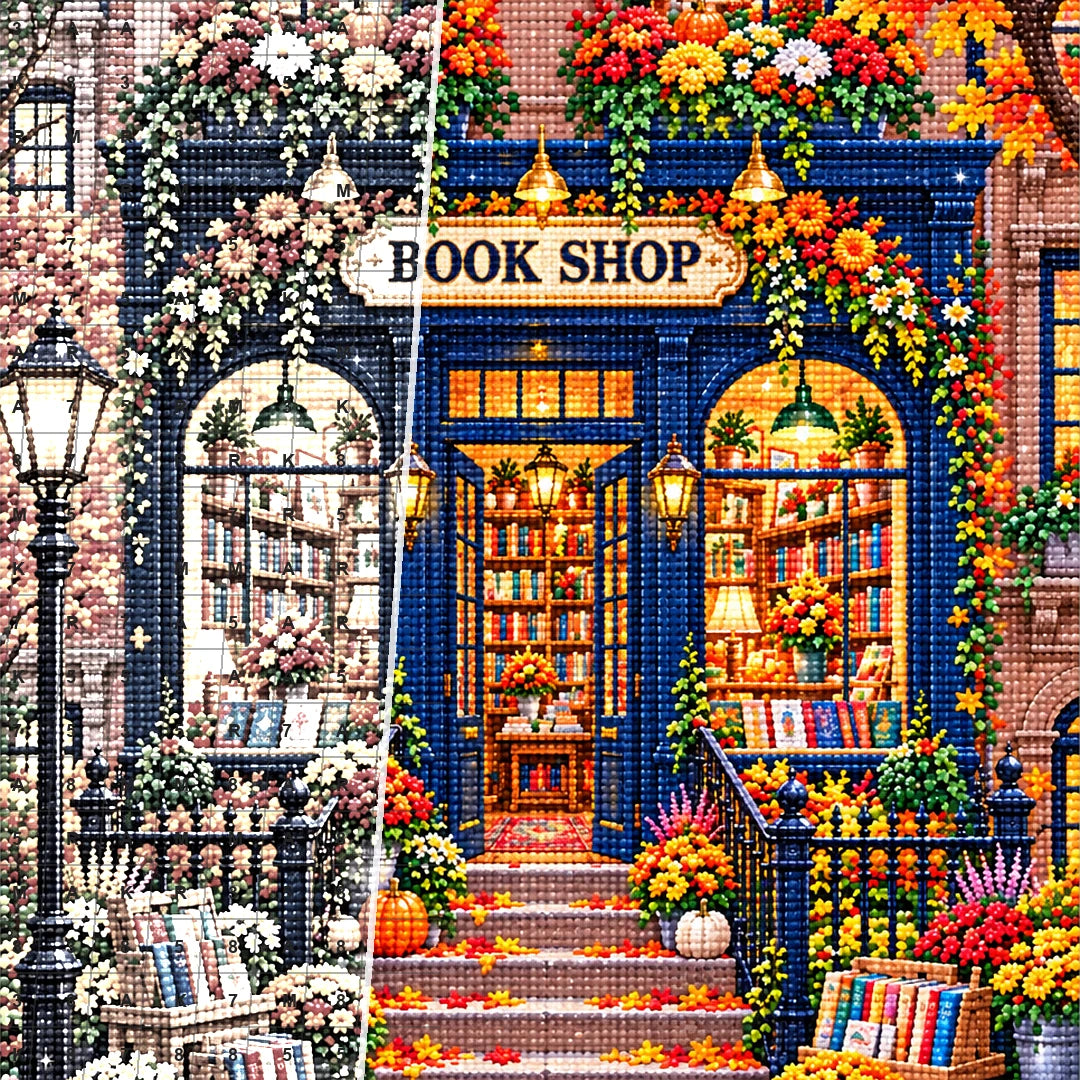 Close detail of the Autumn Blue Door Bookshop diamond painting canvas and drills