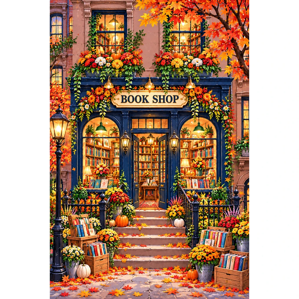 Autumn Blue Door Bookshop original artwork on white background