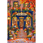 Autumn Blue Door Bookshop finished diamond painting on white background
