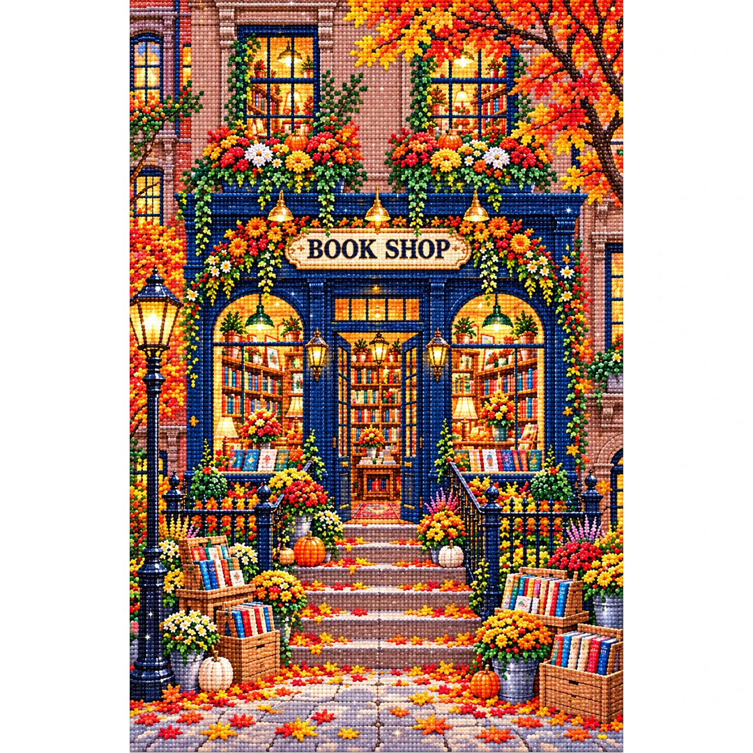 Autumn Blue Door Bookshop finished diamond painting on white background