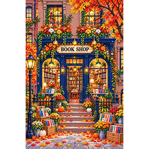 Autumn Blue Door Bookshop finished diamond painting on white background