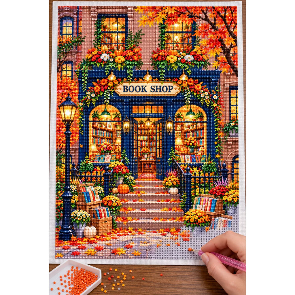 Placing resin drills on the Autumn Blue Door Bookshop diamond painting