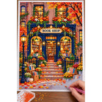 Placing resin drills on the Autumn Blue Door Bookshop diamond painting