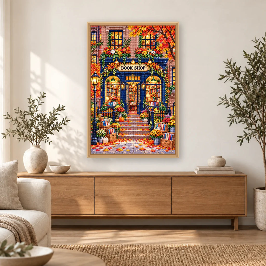 Autumn Blue Door Bookshop diamond painting displayed in a bright home interior