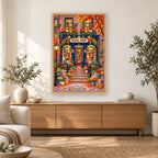 Autumn Blue Door Bookshop diamond painting displayed in a bright home interior