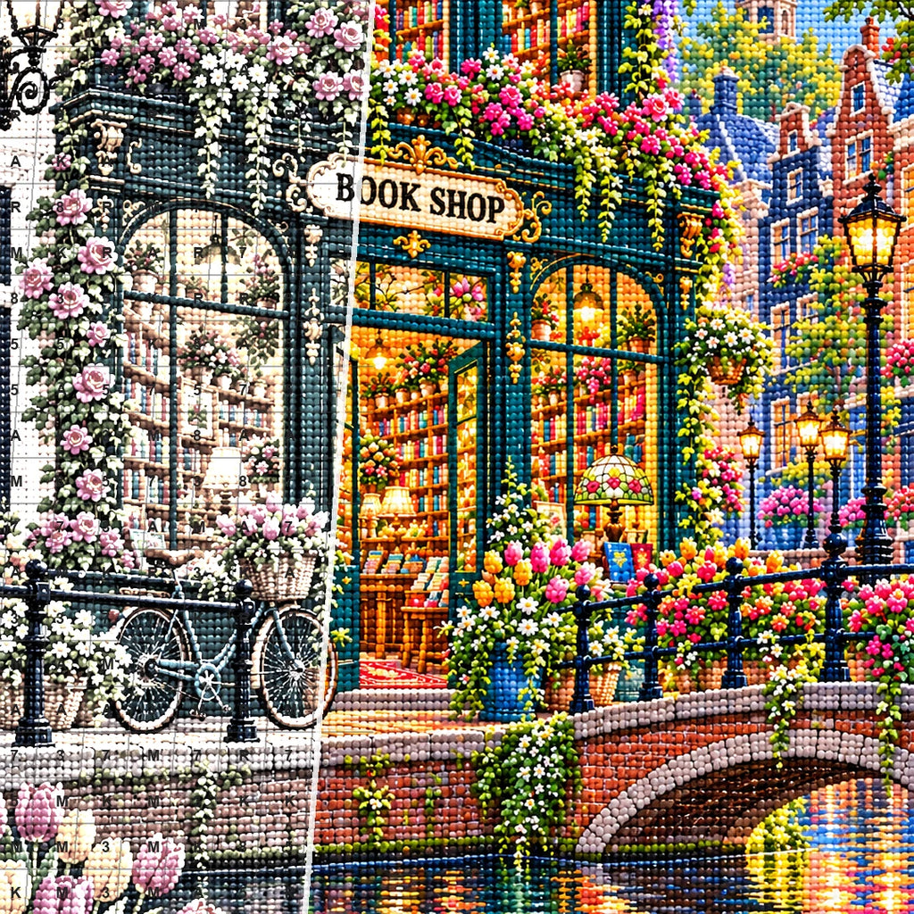 Close detail of the Canal Bicycle Flower Bookshop diamond painting canvas and drills