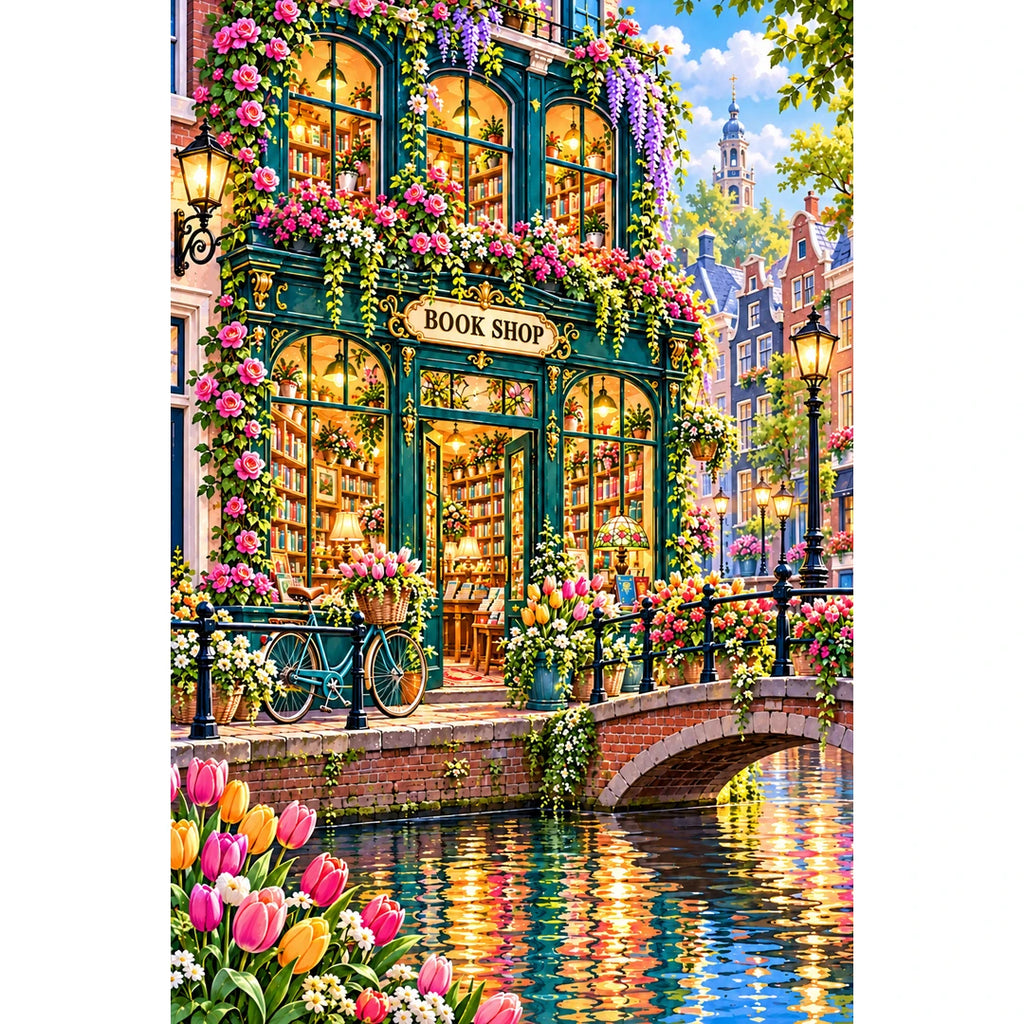 Canal Bicycle Flower Bookshop original artwork on white background