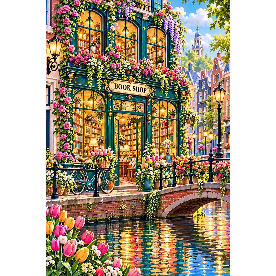 Canal Bicycle Flower Bookshop original artwork on white background