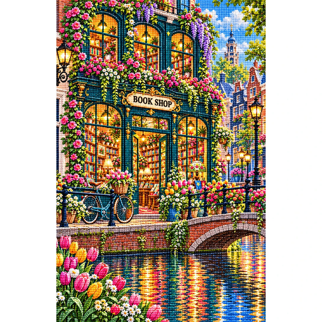 Canal Bicycle Flower Bookshop finished diamond painting on white background