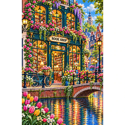 Canal Bicycle Flower Bookshop finished diamond painting on white background