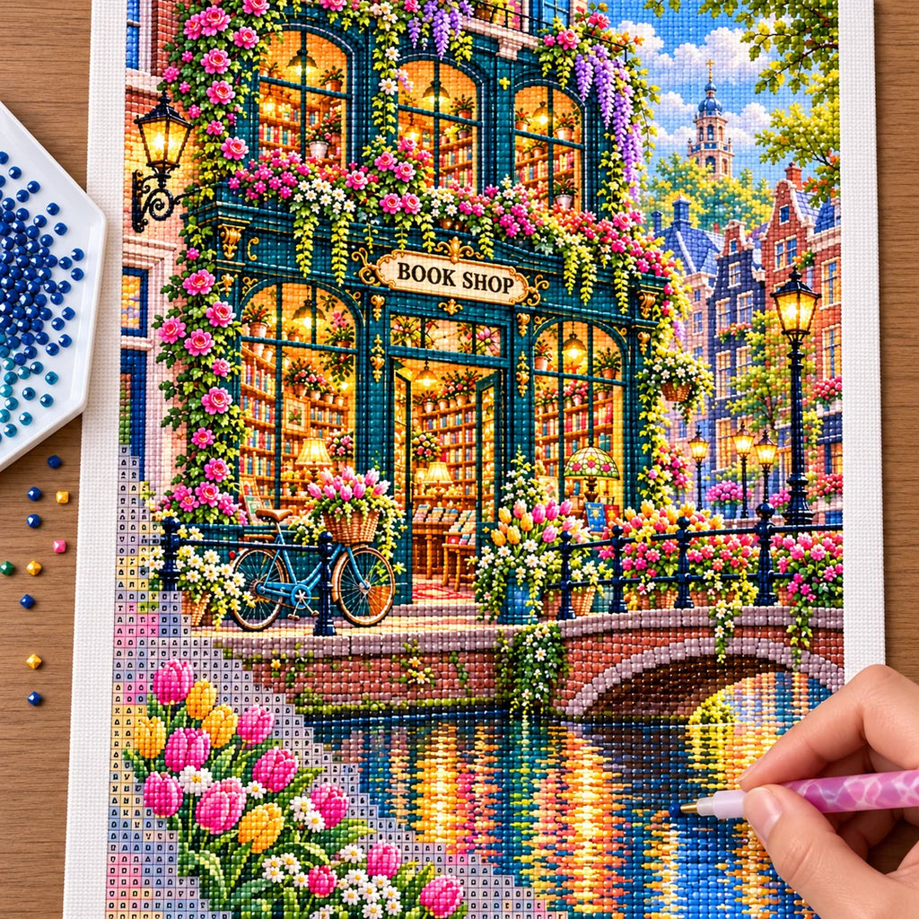 Placing resin drills on the Canal Bicycle Flower Bookshop diamond painting