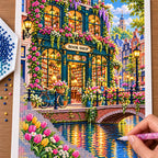 Placing resin drills on the Canal Bicycle Flower Bookshop diamond painting