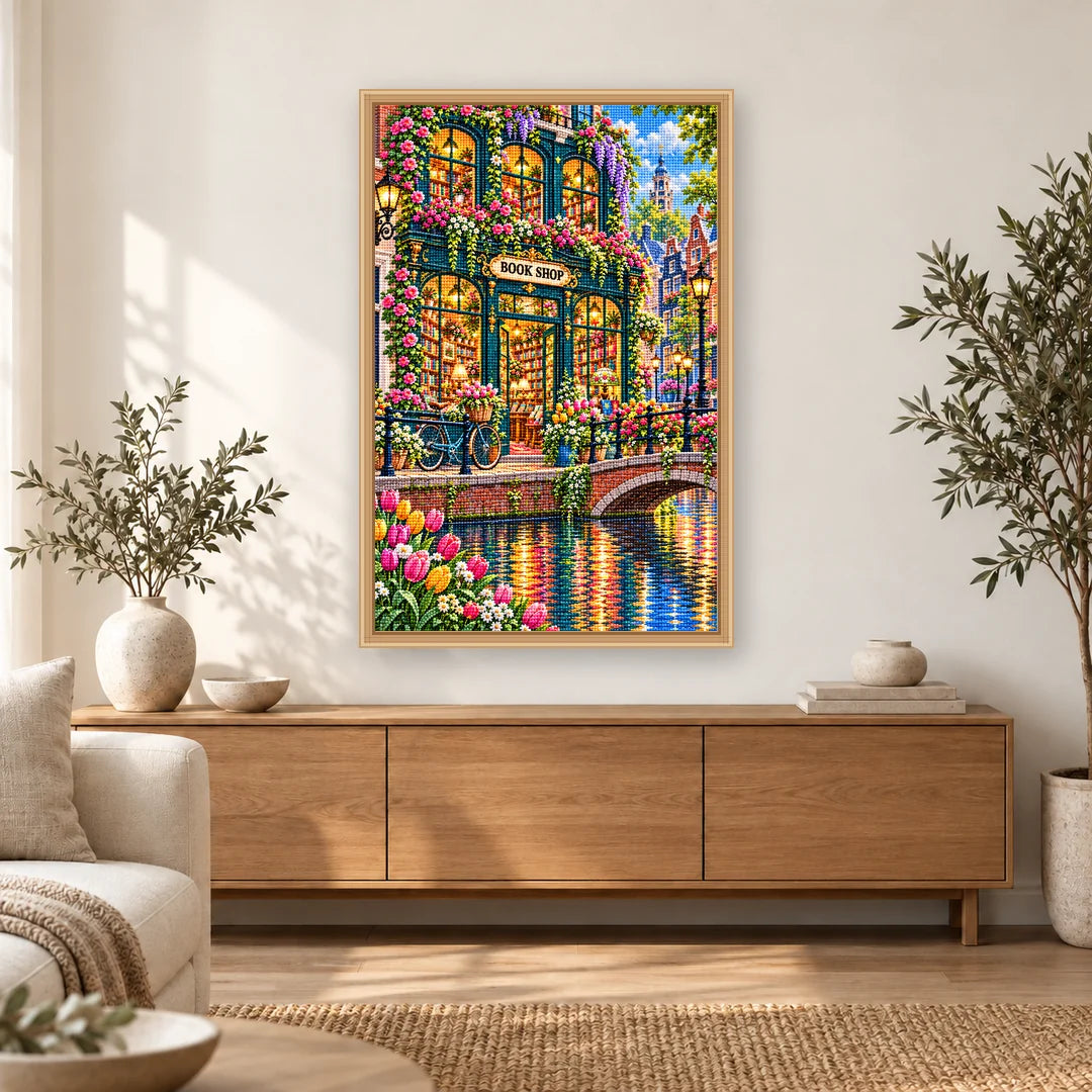 Canal Bicycle Flower Bookshop diamond painting displayed in a bright home interior