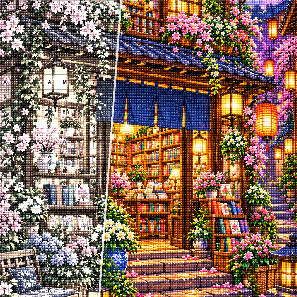 Close detail of the Twilight Lantern Bookshop diamond painting canvas and drills