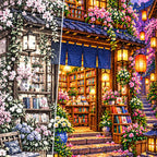 Close detail of the Twilight Lantern Bookshop diamond painting canvas and drills