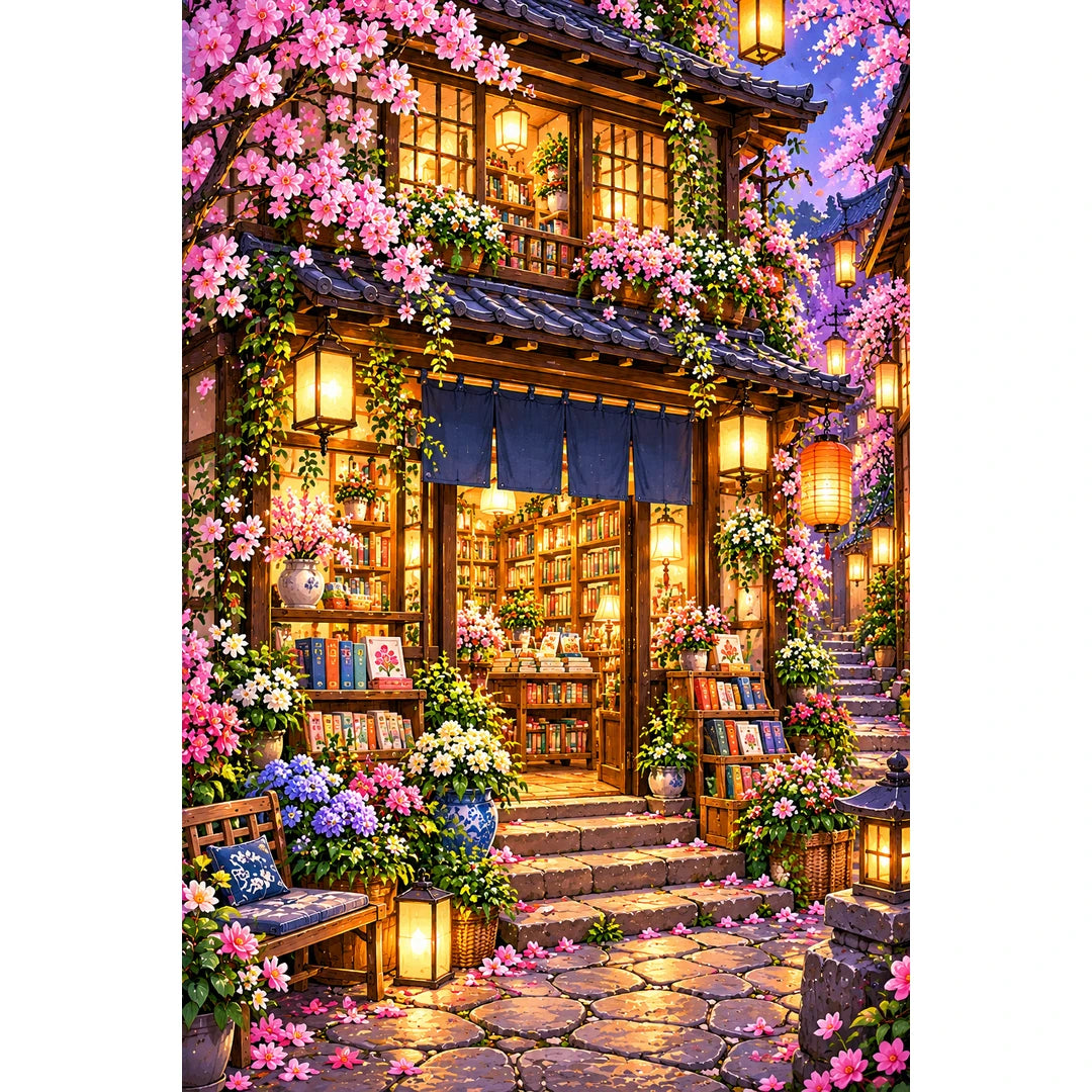 Twilight Lantern Bookshop original artwork on white background