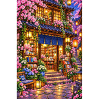 Twilight Lantern Bookshop finished diamond painting on white background