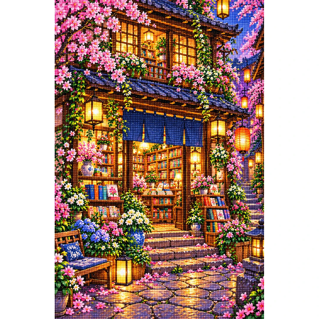 Twilight Lantern Bookshop finished diamond painting on white background