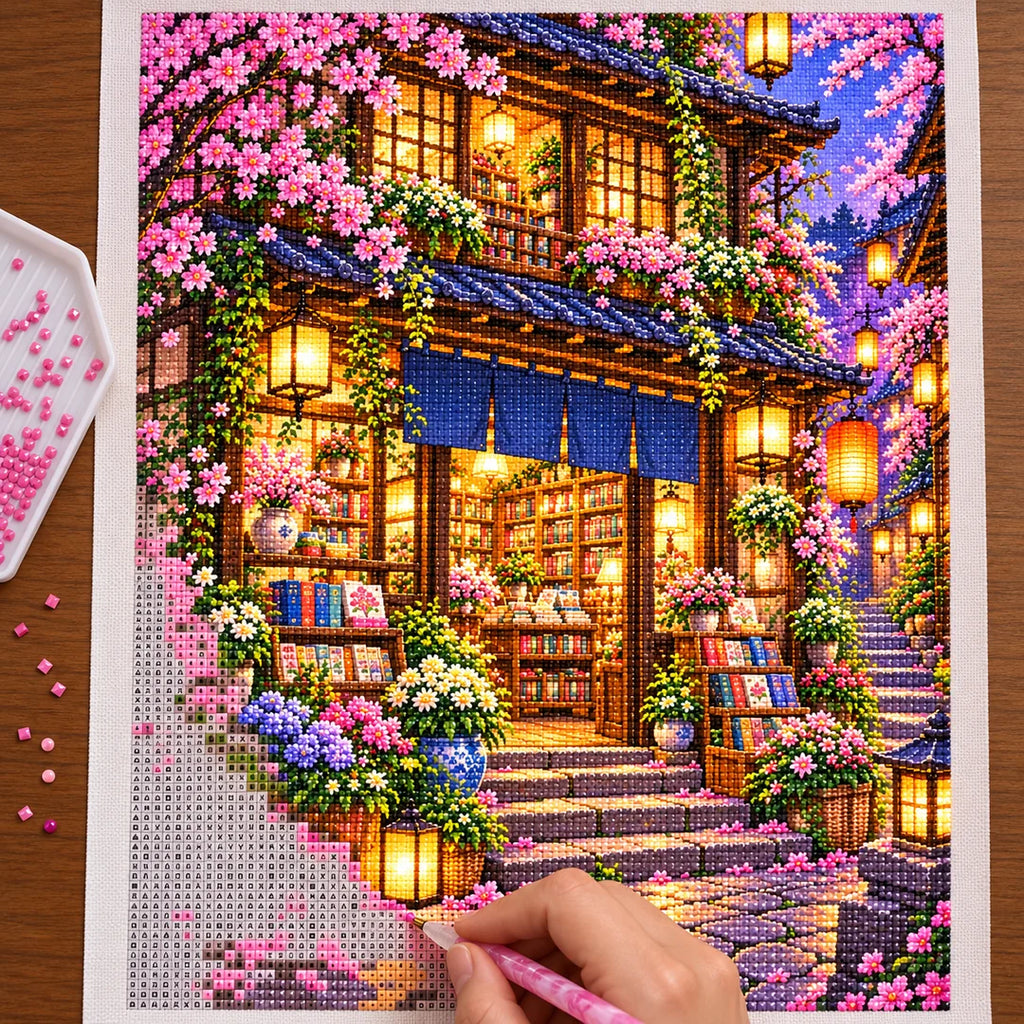Placing resin drills on the Twilight Lantern Bookshop diamond painting
