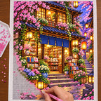 Placing resin drills on the Twilight Lantern Bookshop diamond painting