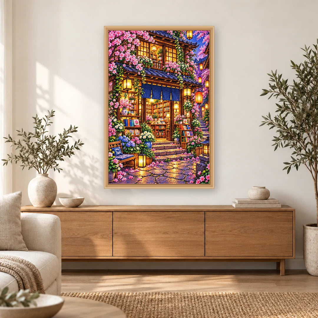 Twilight Lantern Bookshop diamond painting displayed in a bright home interior