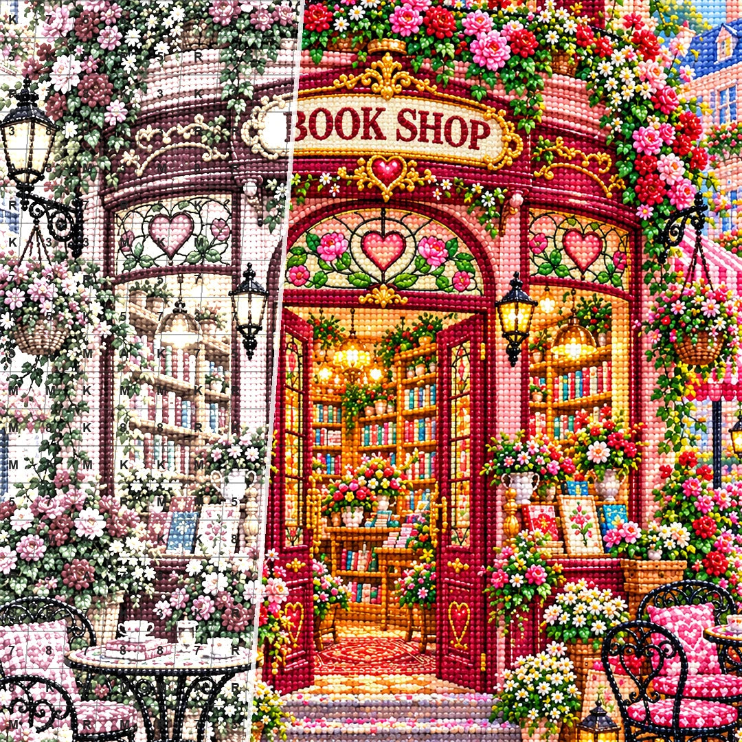 Close detail of the Rose Heart Window Bookshop diamond painting canvas and drills