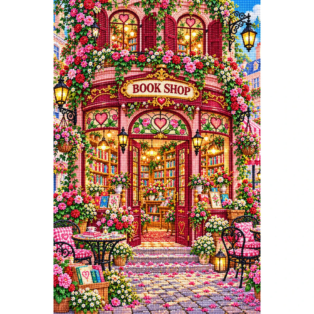 Rose Heart Window Bookshop finished diamond painting on white background