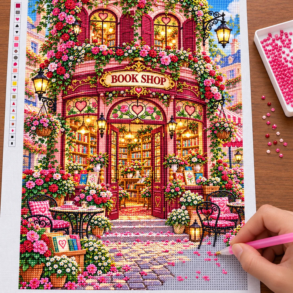 Placing resin drills on the Rose Heart Window Bookshop diamond painting
