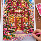 Placing resin drills on the Rose Heart Window Bookshop diamond painting