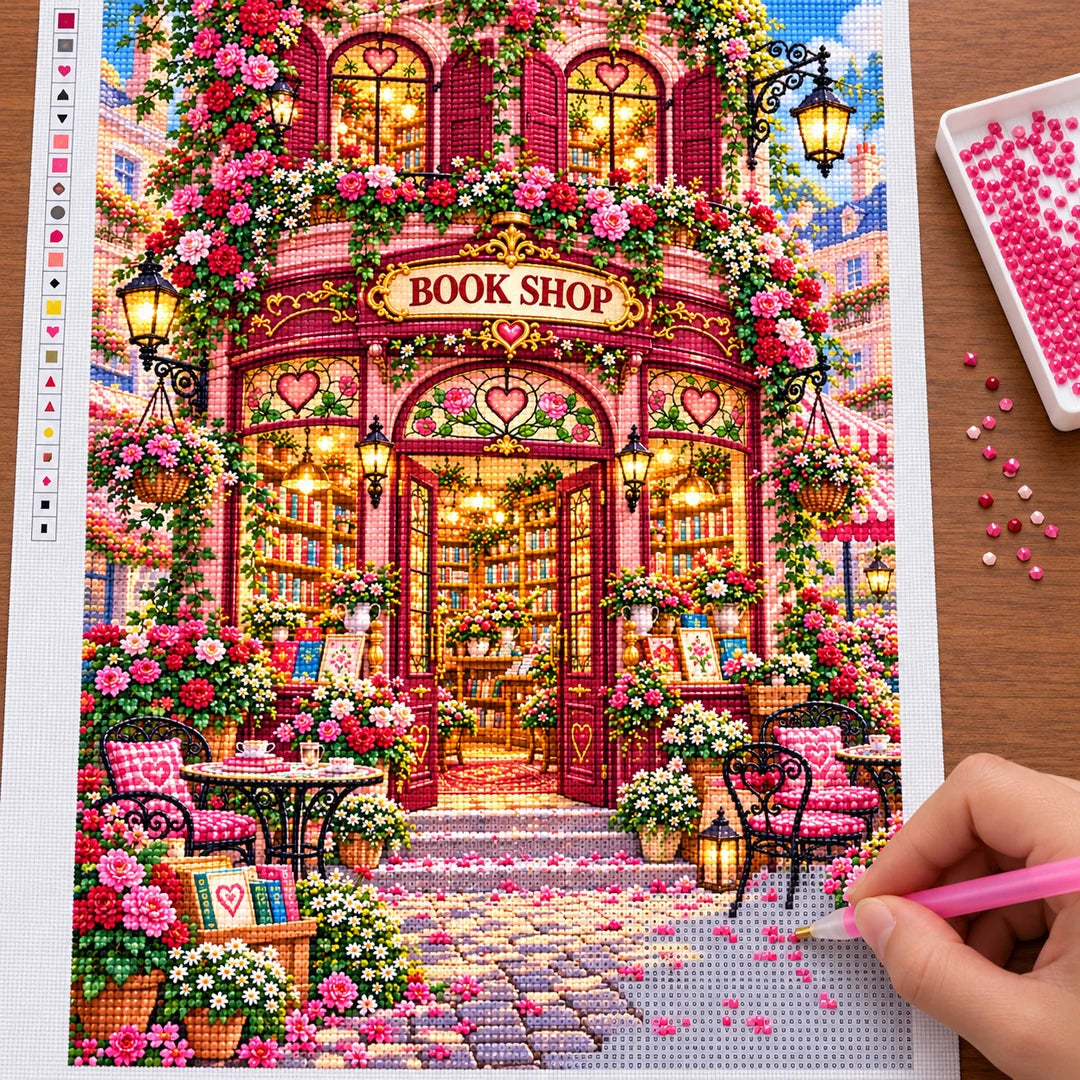 Placing resin drills on the Rose Heart Window Bookshop diamond painting