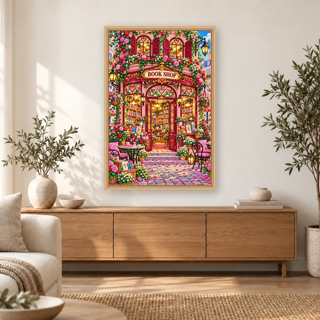 Rose Heart Window Bookshop diamond painting displayed in a bright home interior