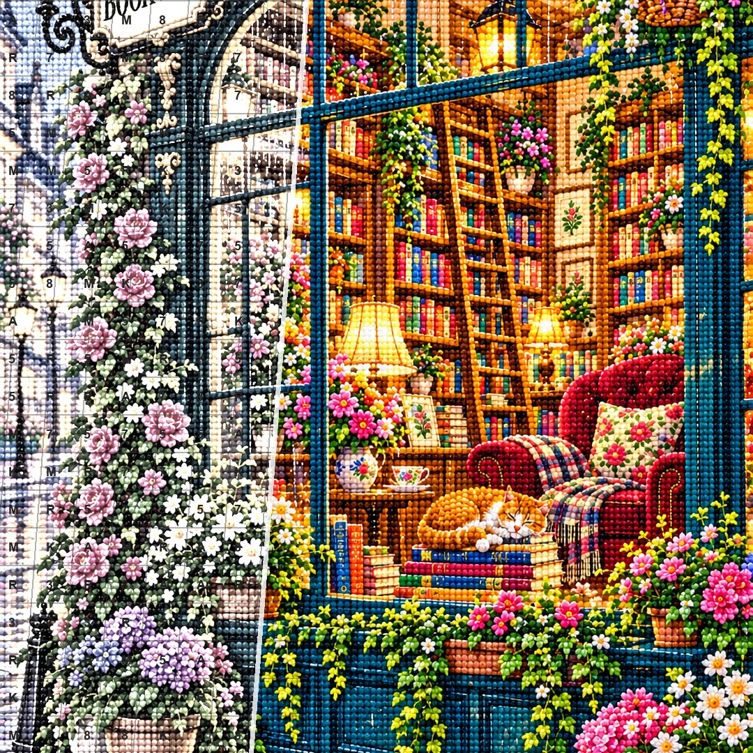 Close detail of the Cozy Rainy Window Bookshop diamond painting canvas and drills