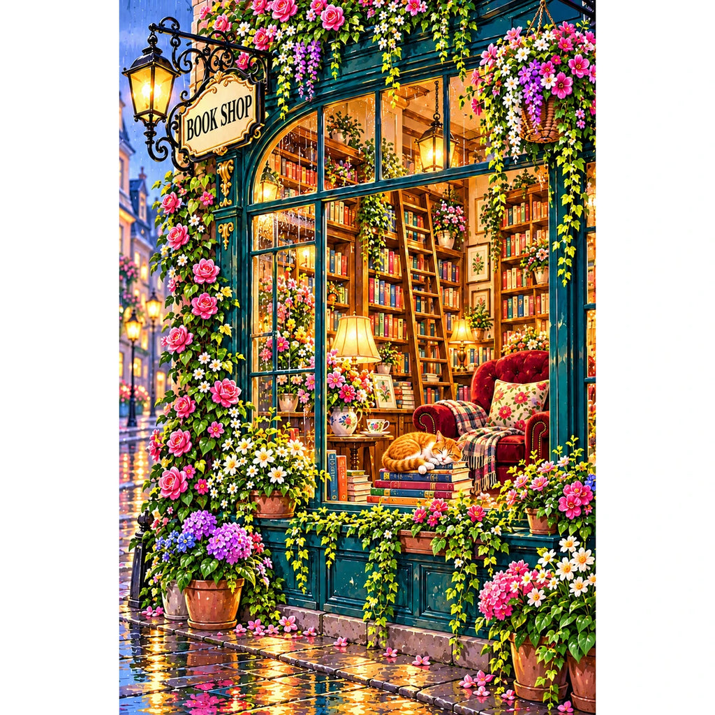 Cozy Rainy Window Bookshop original artwork on white background
