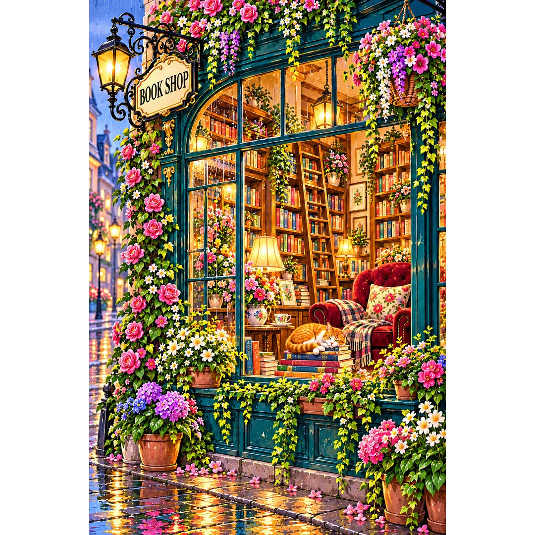 Cozy Rainy Window Bookshop original artwork on white background