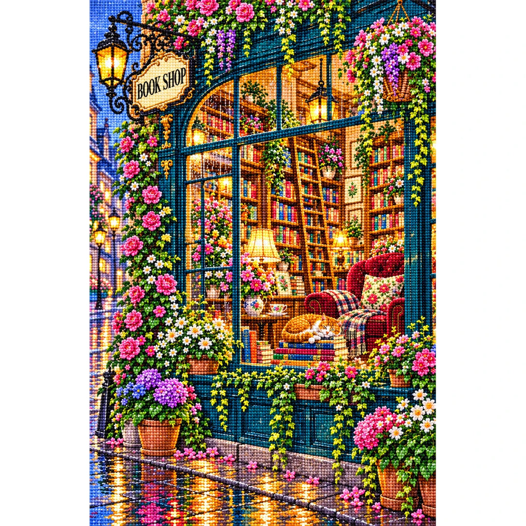 Cozy Rainy Window Bookshop finished diamond painting on white background