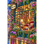 Cozy Rainy Window Bookshop finished diamond painting on white background