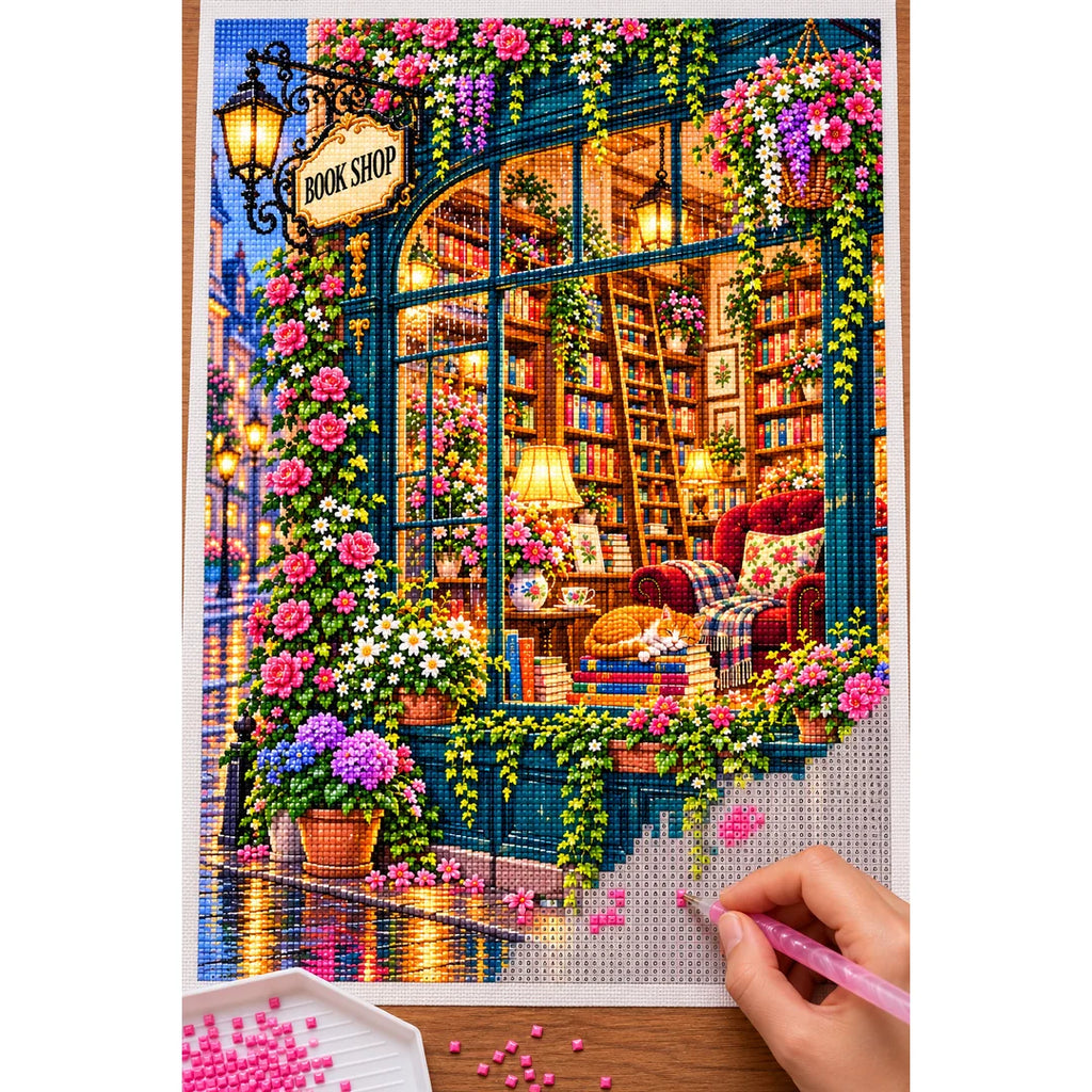 Placing resin drills on the Cozy Rainy Window Bookshop diamond painting