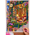 Placing resin drills on the Cozy Rainy Window Bookshop diamond painting