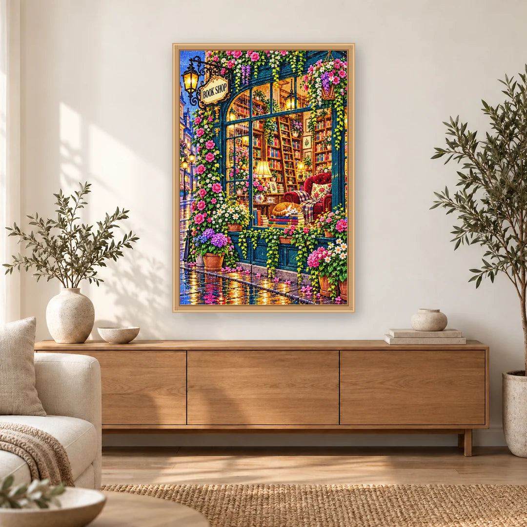 Cozy Rainy Window Bookshop diamond painting displayed in a bright home interior