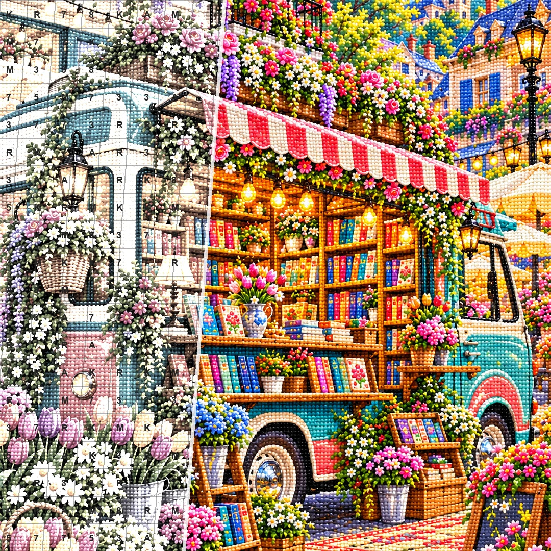 Close detail of the Floral Bookmobile Street Shop diamond painting canvas and drills