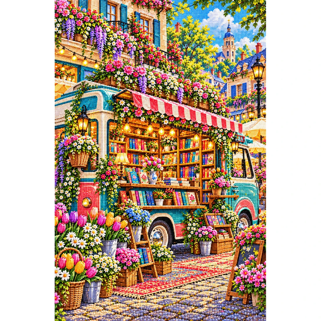 Floral Bookmobile Street Shop finished diamond painting on white background