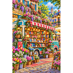Floral Bookmobile Street Shop finished diamond painting on white background