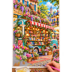 Placing resin drills on the Floral Bookmobile Street Shop diamond painting
