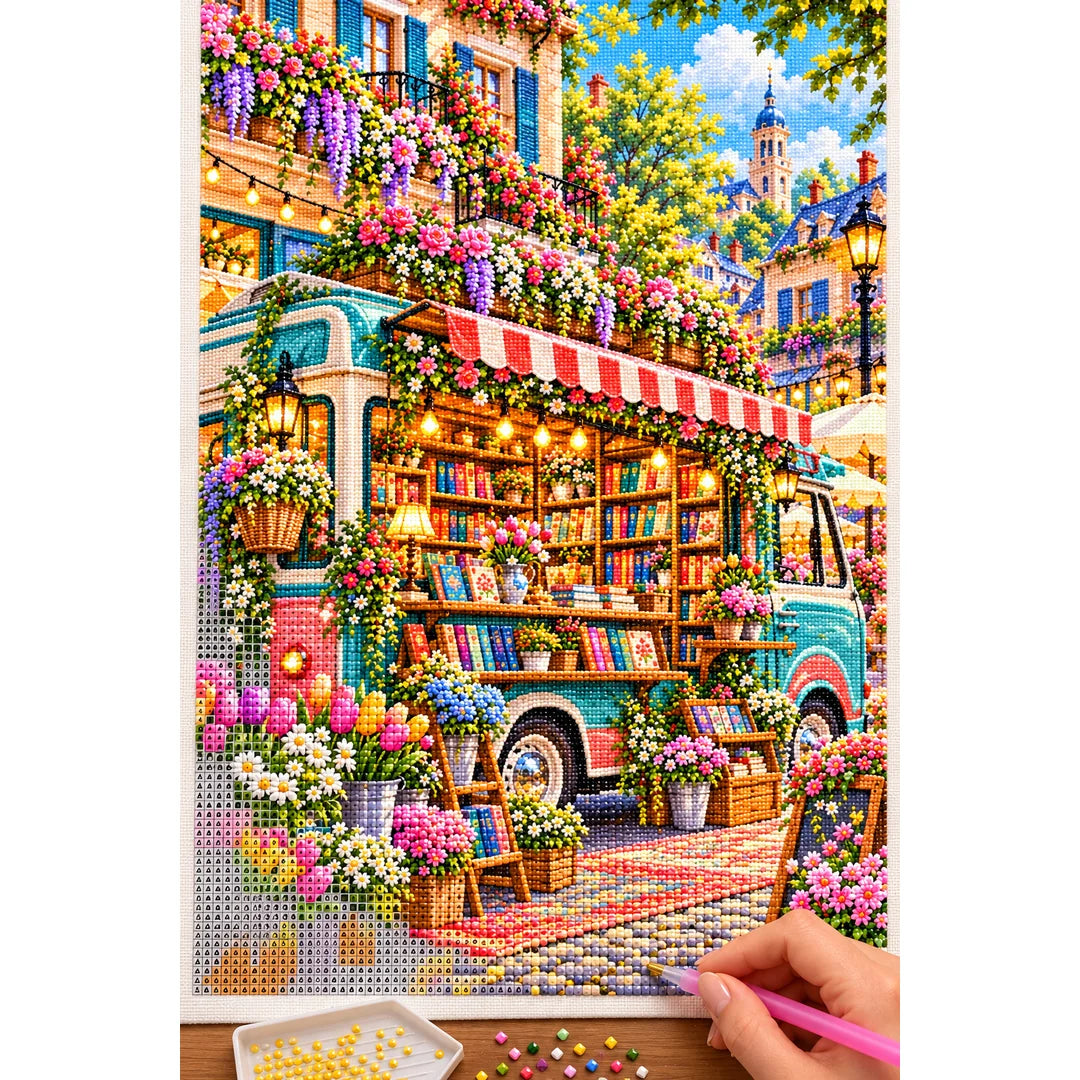 Placing resin drills on the Floral Bookmobile Street Shop diamond painting