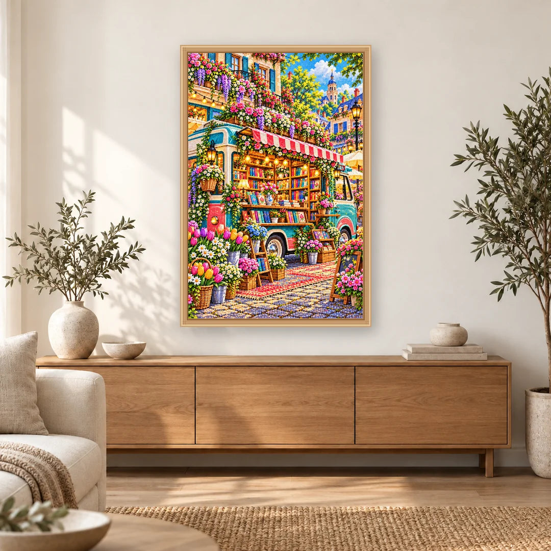 Floral Bookmobile Street Shop diamond painting displayed in a bright home interior