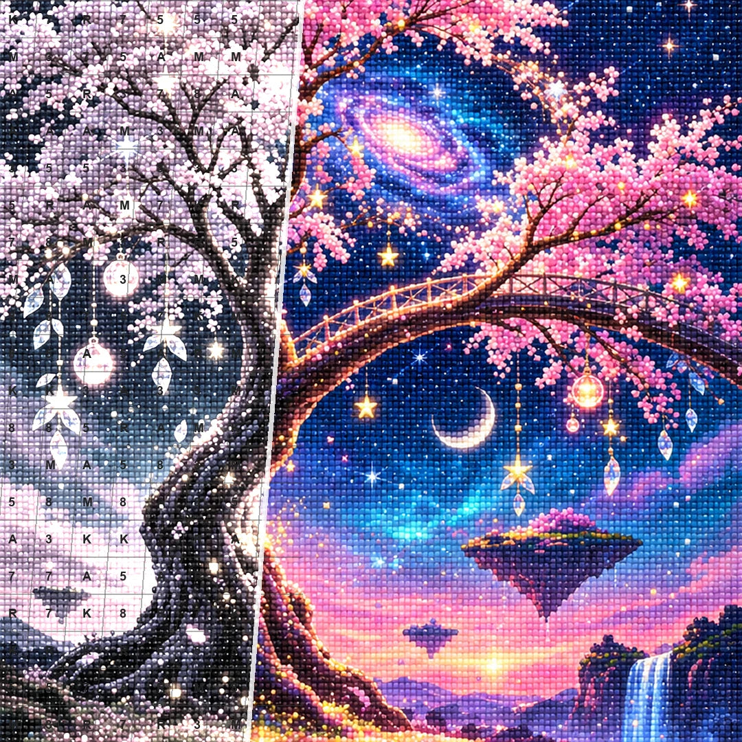 Close detail of the Cosmic Blossom Tree diamond painting canvas and drills
