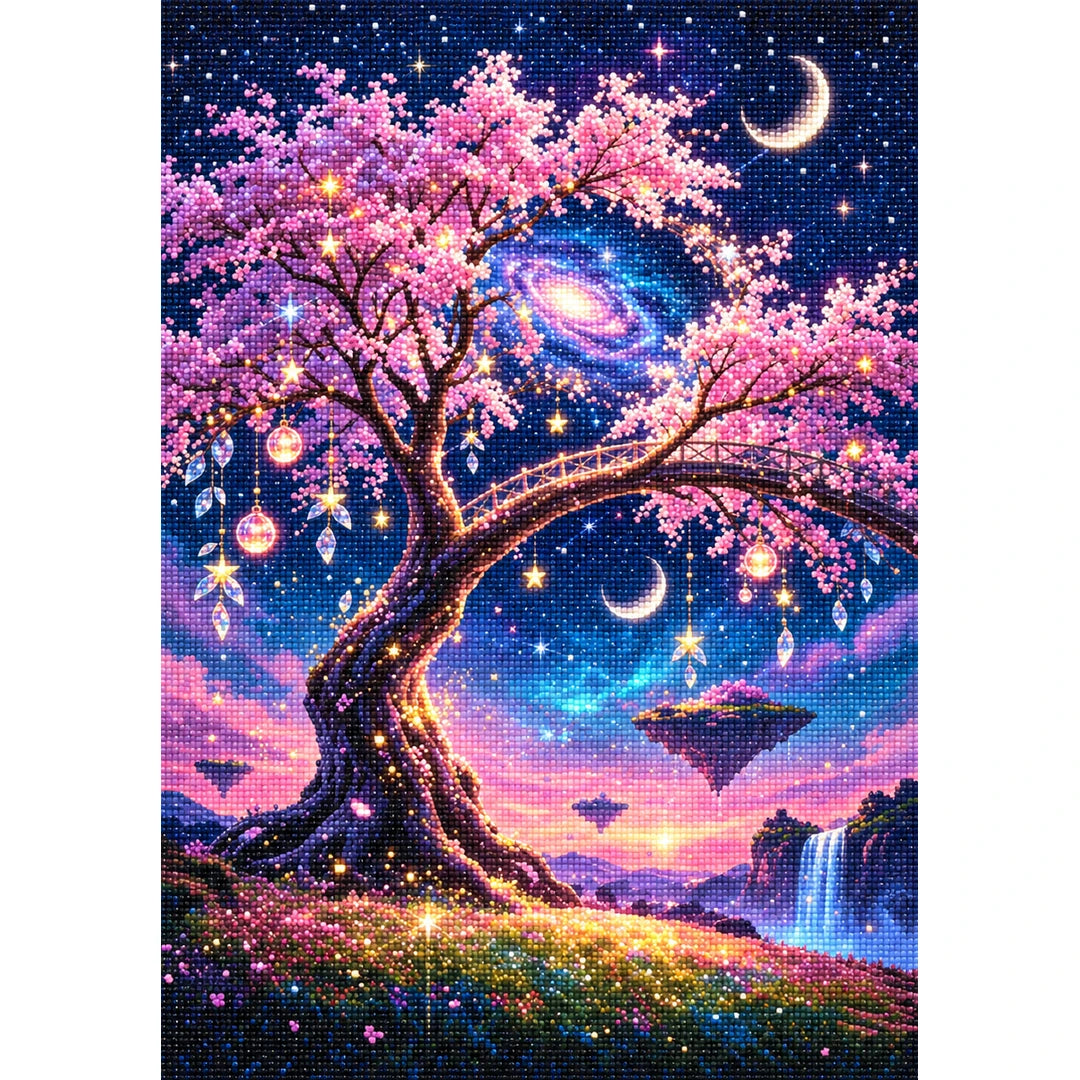 Cosmic Blossom Tree finished diamond painting on white background