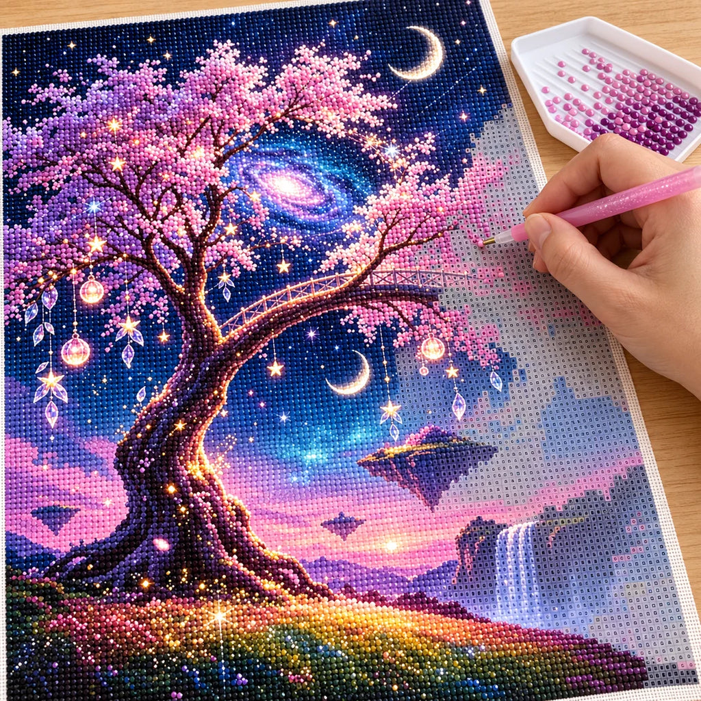 Placing resin drills on the Cosmic Blossom Tree diamond painting